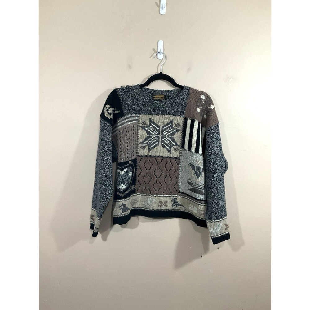 VTG Eddie Bauer Womens Wool Blend Patchwork Sweater S Gray 90s Nordic Holidays